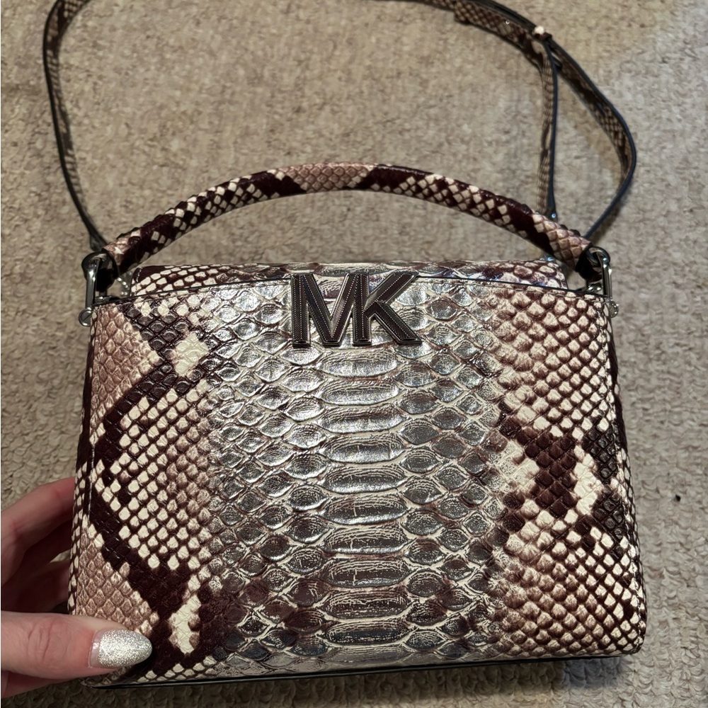 Michael Kors ‘Karlie’ Metallic Snake-Print Crossbody Bag in Brown and Silver